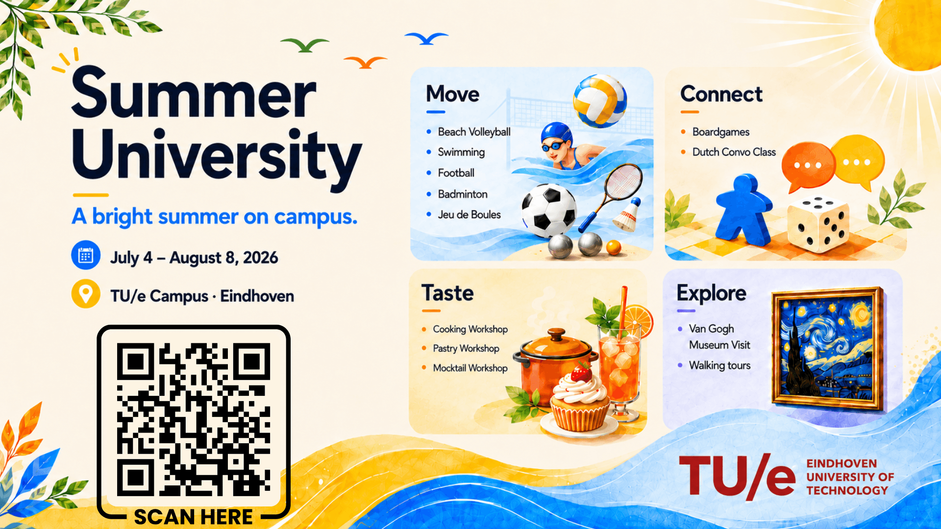 Summer University 2026 poster — overview of all five weeks of activities